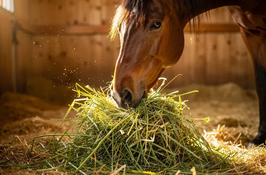 Pferd frisst Heu ad libitum für gesunde und stressfreie Fütterung