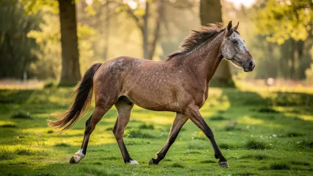Aktives altes Pferd genießt sanfte Bewegung auf der Weide zur Verbesserung der Lebensqualität