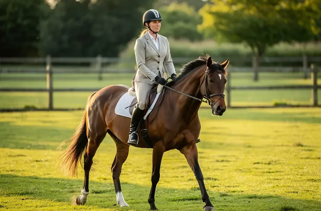Reiterin übt Centered Riding Technik zur Verbesserung von Körperbewusstsein und Balance