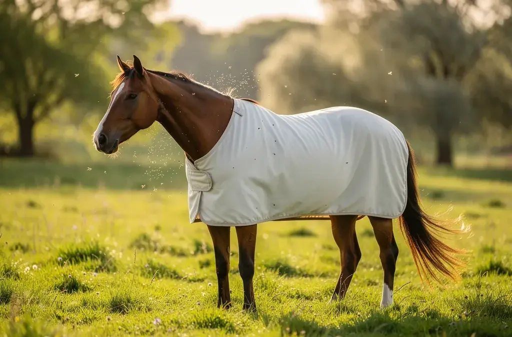 Pferd mit Ekzemerdecke schützt vor Insekten und UV-Strahlung im Sommer