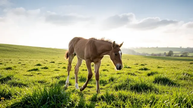 Fohlen bei ihrem ersten Weidegang auf saftigem Gras