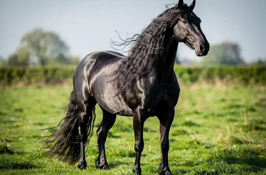 Friese Pferd mit imponierender Mähne und eleganten Bewegungen in der Natur