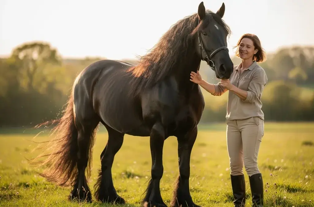 Friesenpferd in der Natur zeigt seine edlen Eigenschaften und freundlichen Charakter