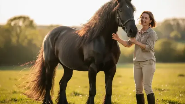 Friesenpferd in der Natur zeigt seine edlen Eigenschaften und freundlichen Charakter