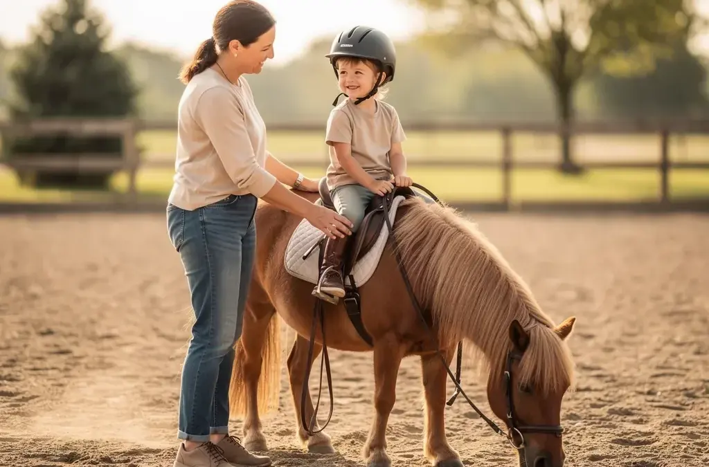 Führzügelklasse für Kinder: erster Schritt ins Reiten mit Pony und Trainer