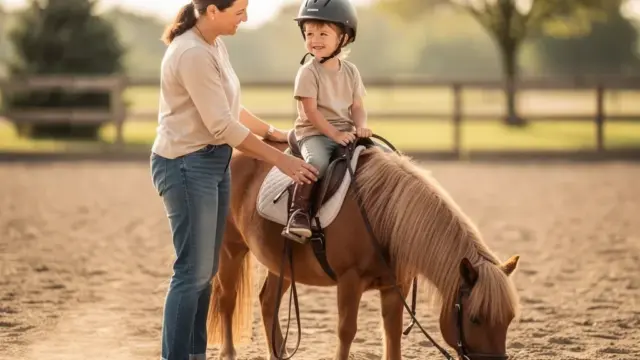 Führzügelklasse für Kinder: erster Schritt ins Reiten mit Pony und Trainer