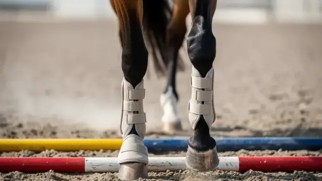 Reiter mit Gamaschen bereitet sich auf Stangenarbeit zur Verletzungsprävention vor