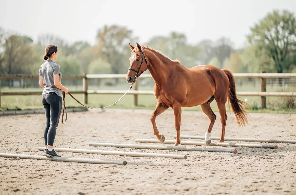 Pferd führt gymnastizierende Bodenarbeit mit Stangen für bessere Fitness und Beweglichkeit aus