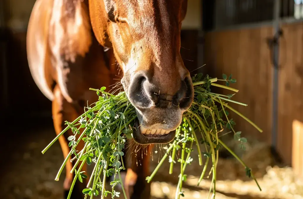 Hungriges Pferd in der Stallgasse erwartet Luzerne Raufutter für gesunde Ernährung