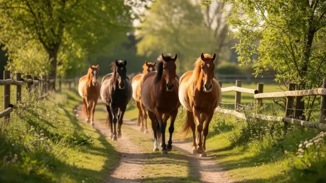 Pferde auf einem Paddock Trail genießen Bewegungsfreiheit und soziale Kontakte