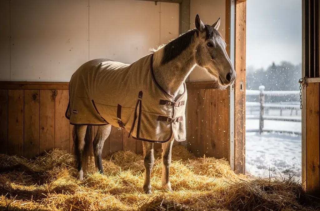 Pferd im Stall mit Decke zum Wärmemanagement bei Kälte für alte Tiere