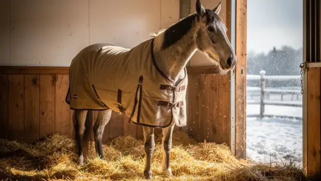 Pferd im Stall mit Decke zum Wärmemanagement bei Kälte für alte Tiere