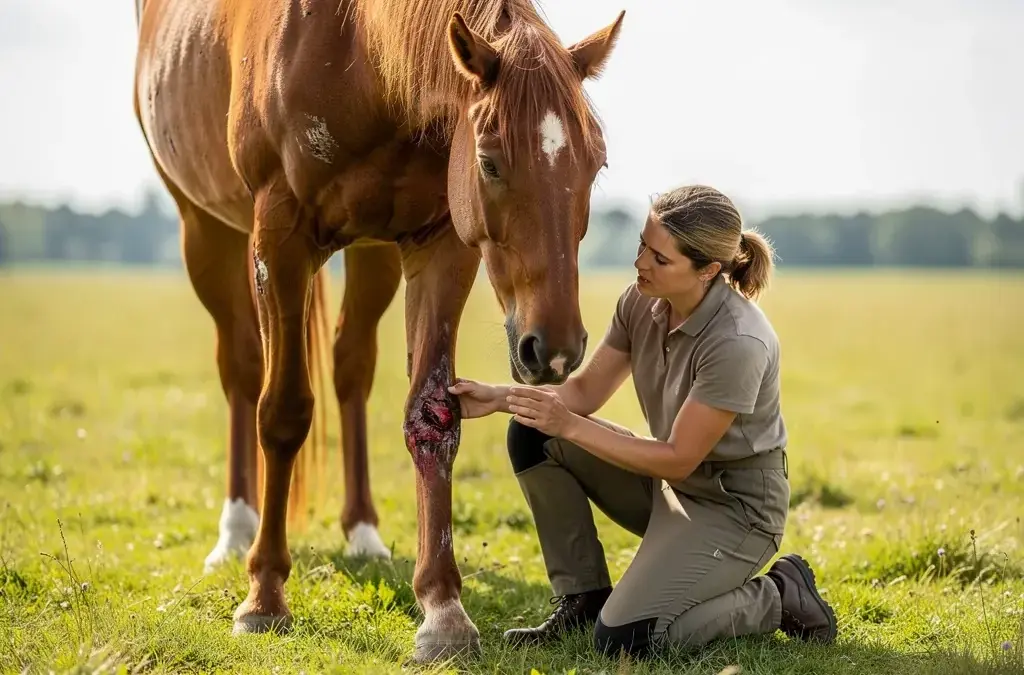 ALT-Text für ein Bild mit einem Pferd, das Erste Hilfe erhält