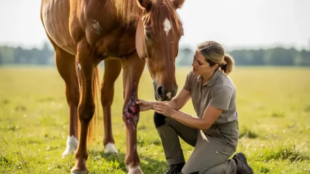 ALT-Text für ein Bild mit einem Pferd, das Erste Hilfe erhält