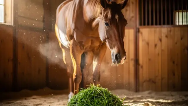 Pferd mit feuchtem Husten in stabiler Umgebung mit Heu und Staub