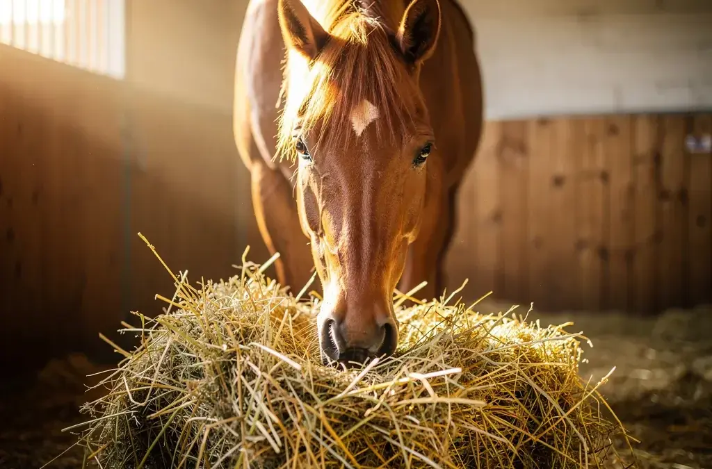 Pferd beim Fressen von Heu zur gesunden Ernährung und optimalen Futtermenge