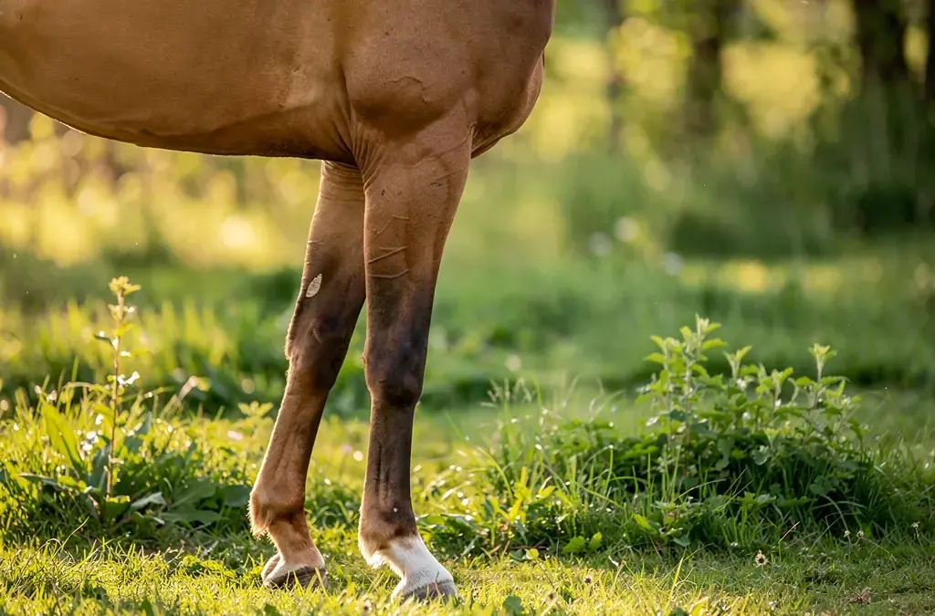 Pferd hufeisenlos mit gesunden Hufen und natürlicher Bewegung in der Landschaft