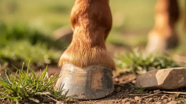 Pferd ohne Hufeisen entspannt auf Weide mit gesunden, gepflegten Hufen