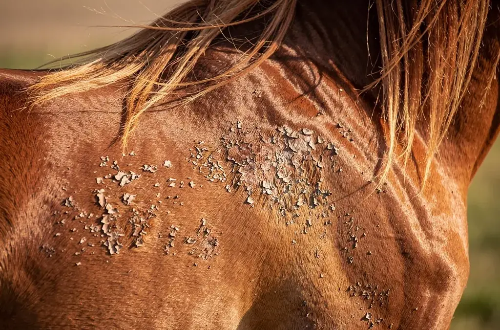 Pferd mit schuppiger Haut zeigt signalisiert Hautprobleme und Pflegebedarf