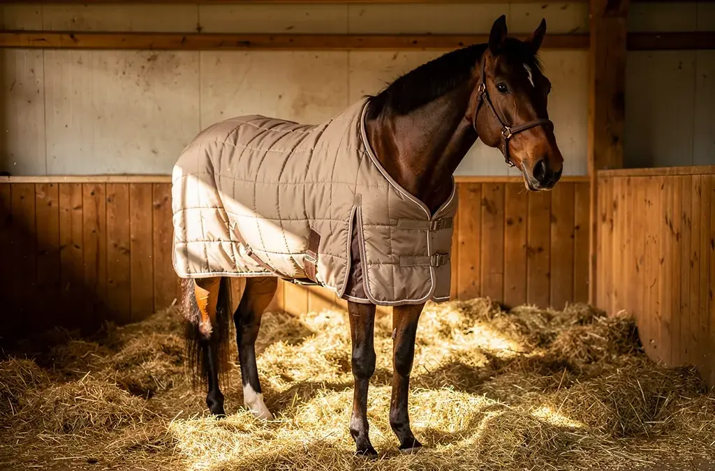 Pferd mit Stalldecke im Winter zum Schutz vor Kälte und Feuchtigkeit