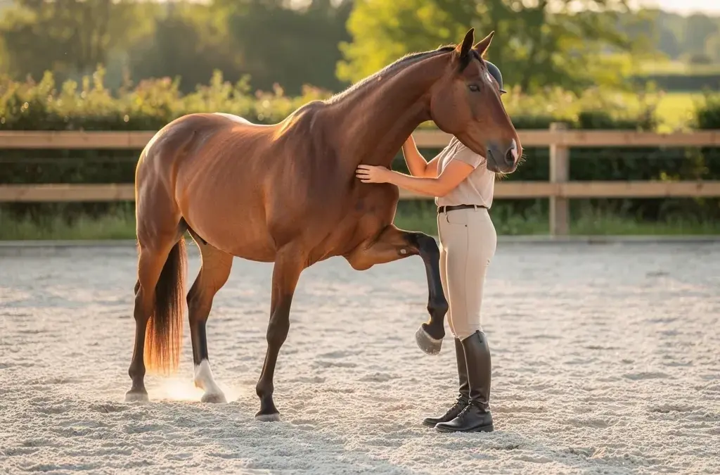 Pferd beim Stretching zur Förderung von Beweglichkeit und Muskulatur