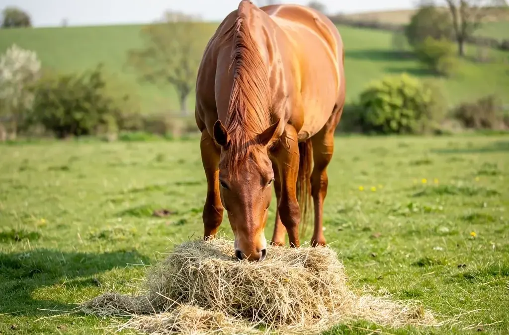 Pferd bei der Futteraufnahme zur Förderung einer gesunden Verdauung