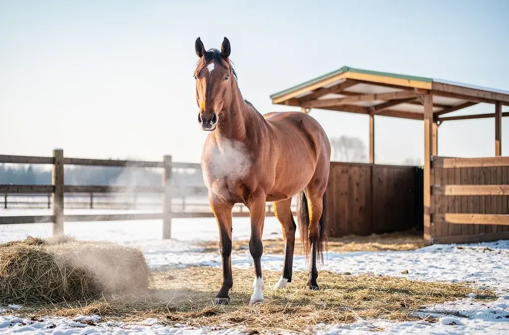 Pferd im Winter in einem gut isolierten Offenstall genießen