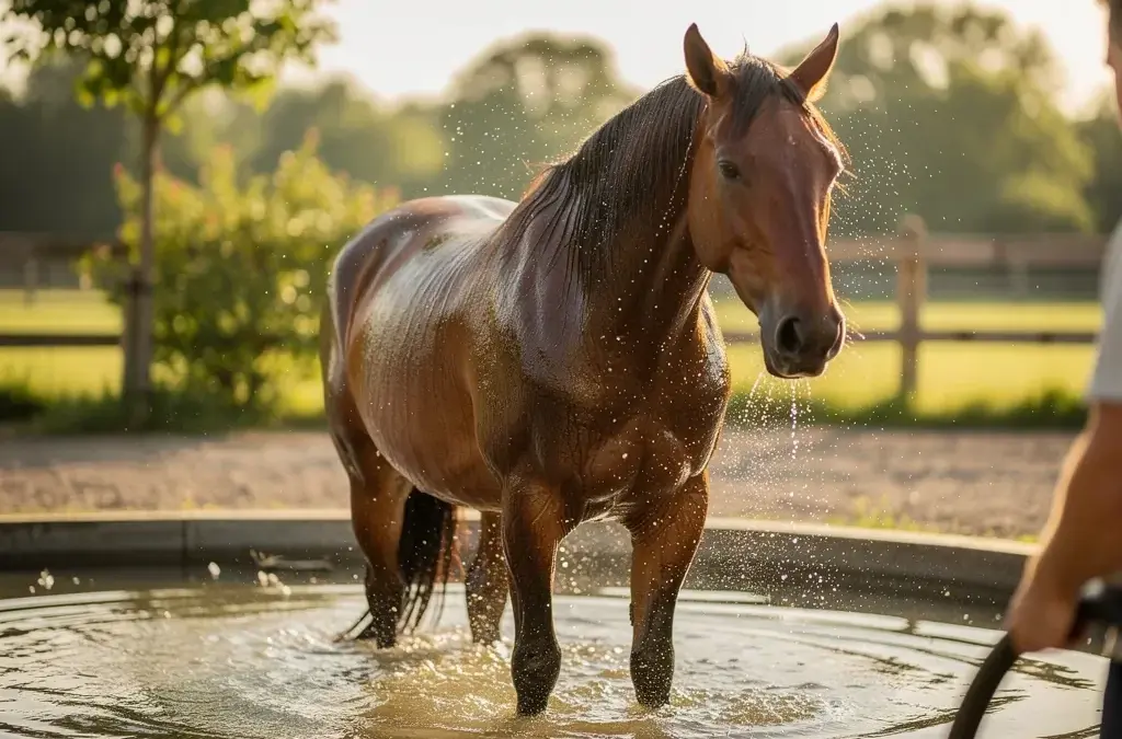 Pferd wird im Sommer richtig gebadet für Gesundheit und Wohlbefinden