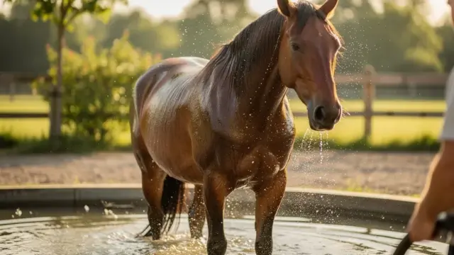 Pferd wird im Sommer richtig gebadet für Gesundheit und Wohlbefinden