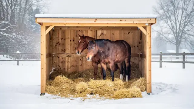 Pferde im winterfesten Stall mit ausreichend Einstreu und Schutz vor Kälte