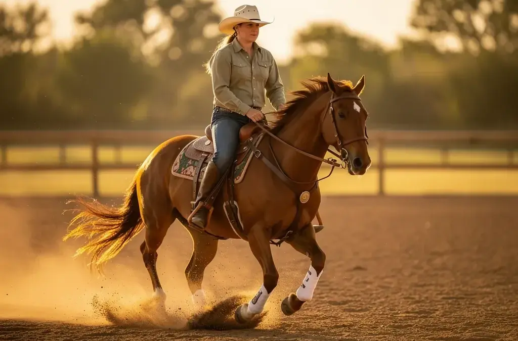 Reining Galopp mit Pferd in Galopp-Pirouette und Sliding Stop Training