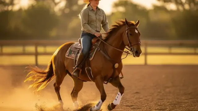Reining Galopp mit Pferd in Galopp-Pirouette und Sliding Stop Training