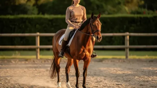 Reiterin mit Pferd ohne Sattel in einem sonnigen Reitplatzsetting