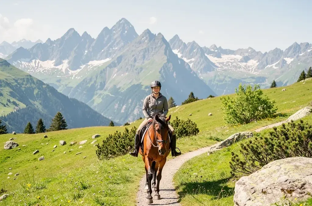 Reiter auf malerischem Pfad in den Alpen während eines Reiturlaubs in Österreich