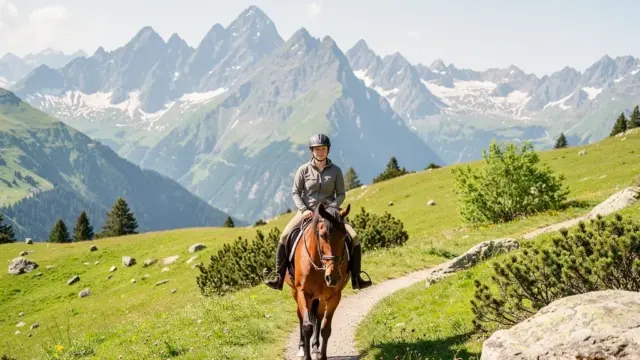 Reiter auf malerischem Pfad in den Alpen während eines Reiturlaubs in Österreich