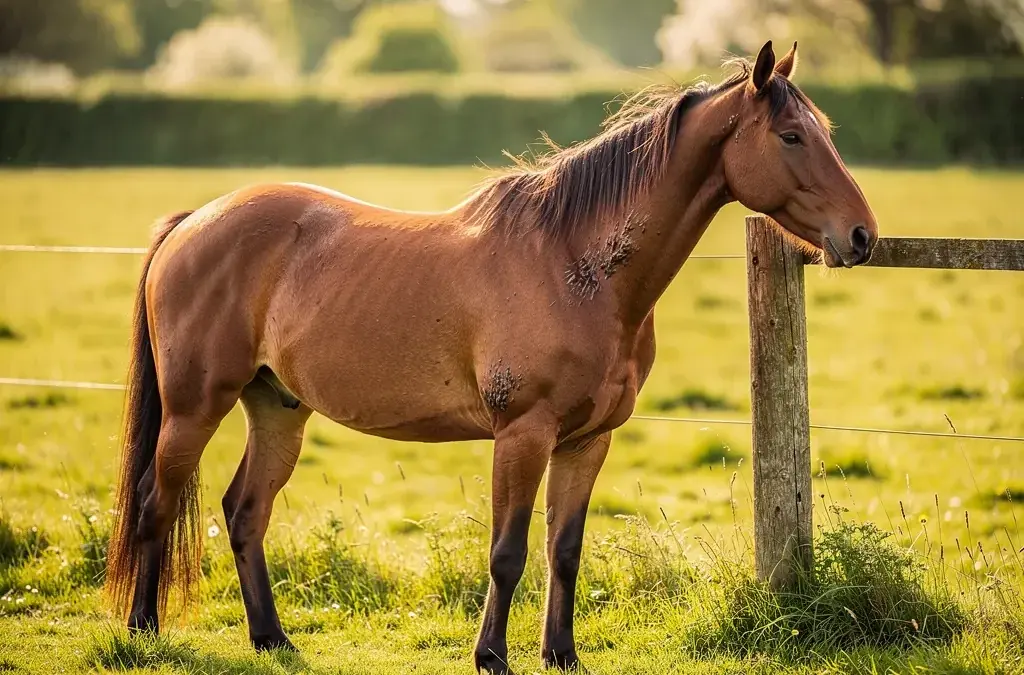 Pferd mit Sommerekzem zeigt Juckreiz und kahle Stellen am Schweif und Mähne