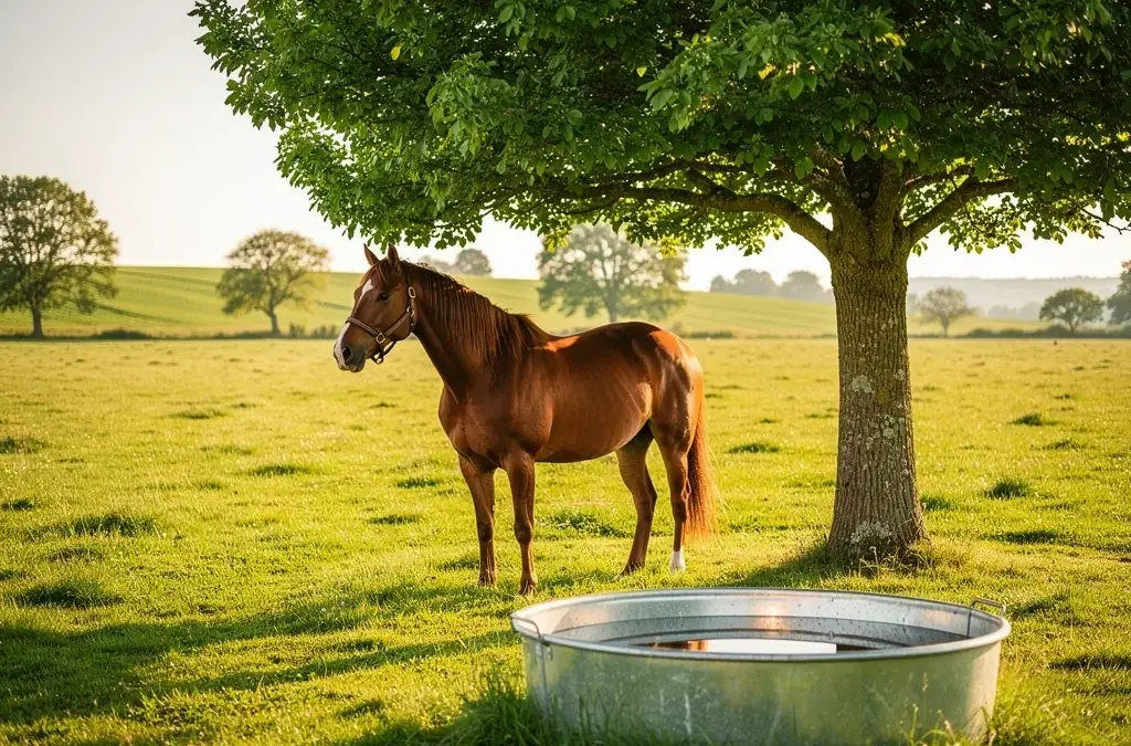 Sommerweide für Pferde mit schattenspendenden Bäumen und Wasserstellen zur Hitzeminderung