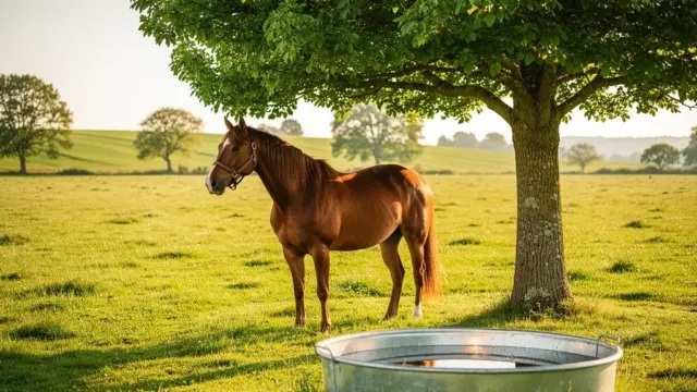 Sommerweide für Pferde mit schattenspendenden Bäumen und Wasserstellen zur Hitzeminderung