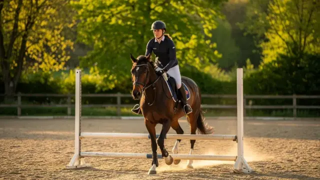 Anfänger beim Springreiten lernen mit Pferd und Hindernissen in der Reithalle