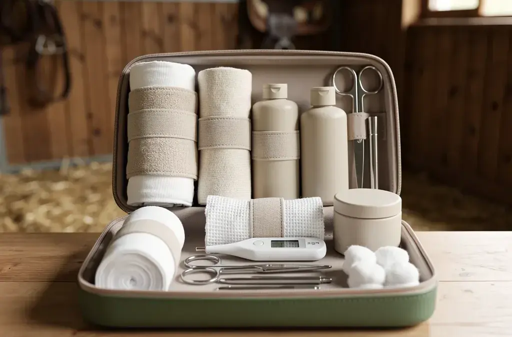 Must-Haves für die Stallapotheke für Pferdehalter auf dem Bild