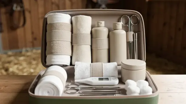 Must-Haves für die Stallapotheke für Pferdehalter auf dem Bild
