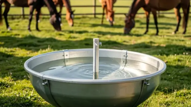 Pferd trinkt aus automatischer Tränke auf der Weide für optimale Wasserzufuhr