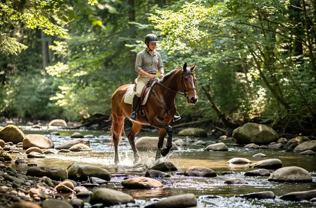 Trail reiten im Gelände: Reiter und Pferd meistern natürliche Hindernisse gemeinsam