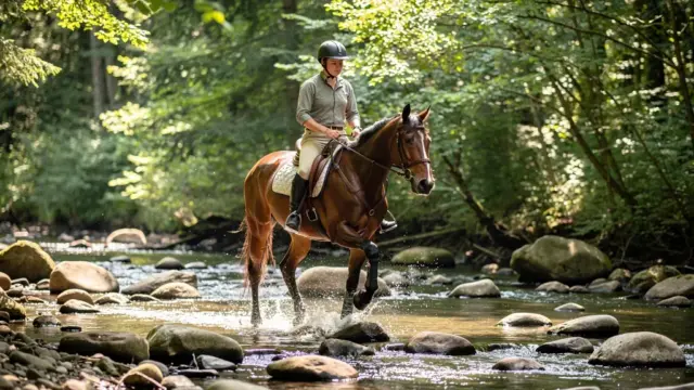 Trail reiten im Gelände: Reiter und Pferd meistern natürliche Hindernisse gemeinsam
