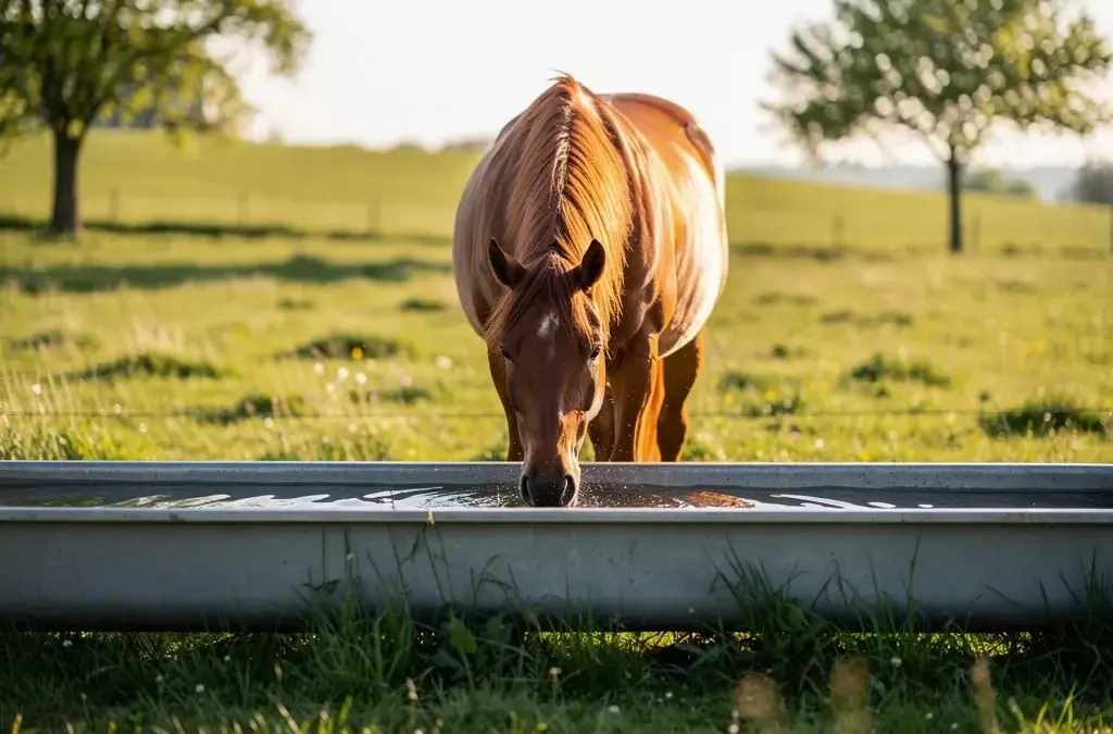 Pferd auf der Weide trinkt frisches Wasser für optimale Gesundheit und Wohlbefinden