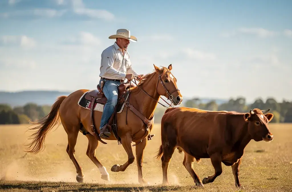Bild eines Westernreiters im entspannten Sitz auf einem Pferd während des Trainings