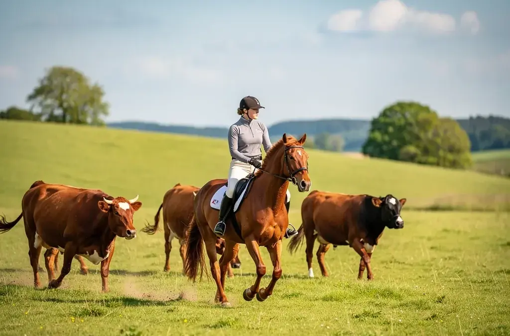Reiter und Pferd bei präziser Rinderarbeit in der Working Equitation