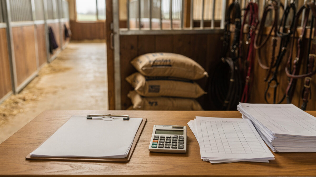 Reitstall mit Planungstisch, Taschenrechner und Unterlagen neben Futter und Stallgasse